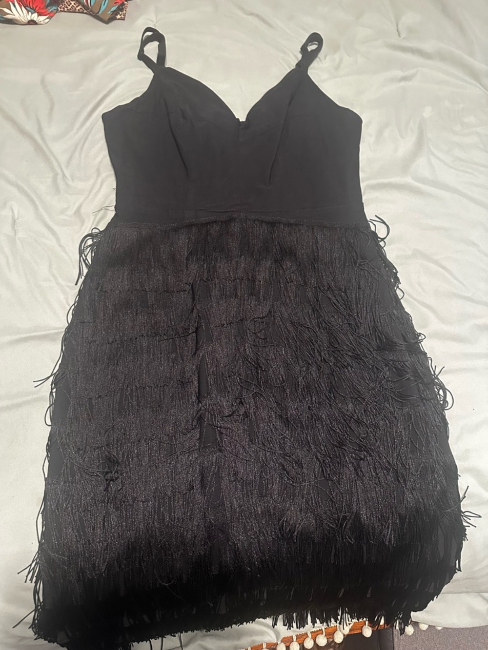 Black Fringe Mini Dress with V-Neck